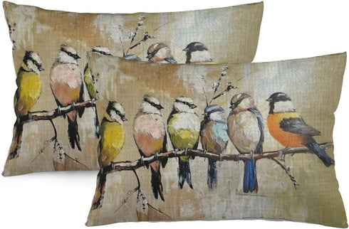 ITFRO Set of 2 Hand-Painted Oil Painting Rustic Forest Wildlife Birds Tree Branches Waist Lumbar Cotton Linen Throw Pillow Case Cushion Cover Long...
