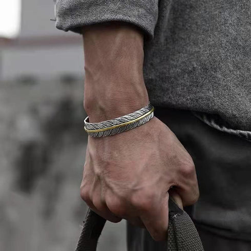 Innocence S999 Antique Silver Plated Wide Feather Cuff Bracelet For Men Women Adjustable Retro Twisted Feather Bracelets Gift Jewelry...