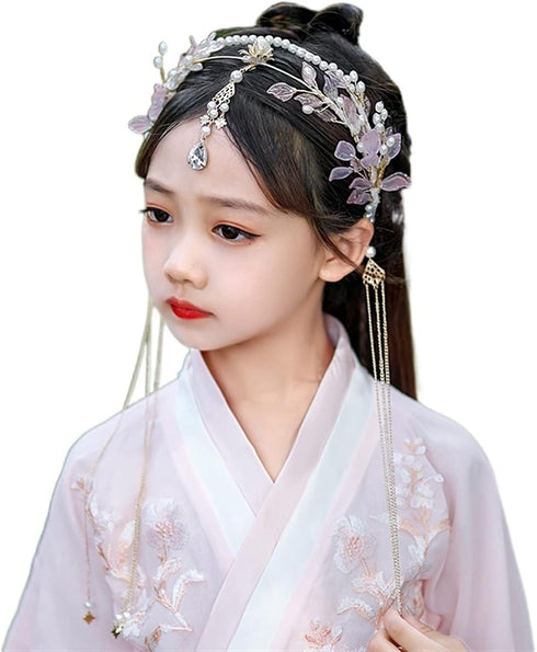 Long Tassel Headbands Hairband Simulated Pearl Leaf Tiaras and Crowns Hanfu Forehead Jewelry for Women Girls Hair Accessories (Metal Color : Style...