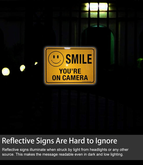 (4 Pack) Faittoo Smile You're On Camera Sign, 10x7 Reflective Rust Free .40 Aluminum, UV Protected, Weather Resistant, Durable Ink, Indoor & Outdo...