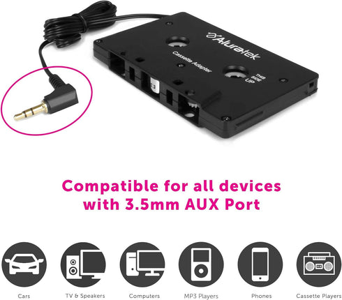 Aluratek Premium Audio Cassette Receiver, Premium Car Audio, Universal 3.5mm Audio Jack or AUX-in Port, Supports Phones/Tablets/Stereo/Headphones/...