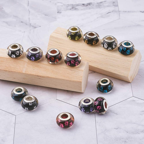Cheriswelry 100pcs Large Hole Dog Paw Prints Pattern Acrylic European Rondelle Beads Slide Charms Loose Spacer with Metal Double Cores Fit Snake C...