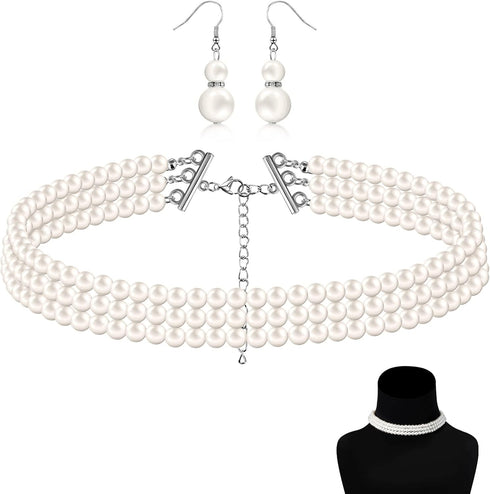 Women's Pearl Jewelry Set Multi Layer Faux Pearl Choker Necklace Earrings 1920s Simulated Pearl Necklace and Earring Set White Jewelry Sets for Wo...