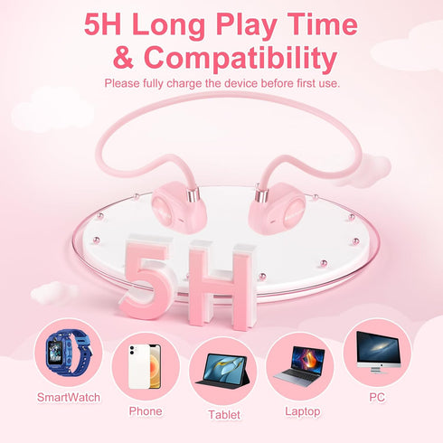 MeloAudio Kids Headphones, Open Ear Headphones, Kids Wireless Headphones with Microphone, Pink Headphones for Girls, Ultra-Light, Perfect for iPad...