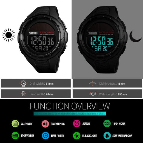 Gosasa Men's Outdoor Sports Multifunction Solar Power LED Digital Watches 50M Water Resistant...