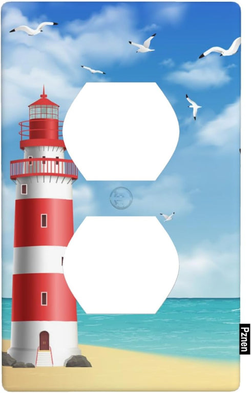 Red Lighthouse Outlet Covers Beach Blue Ocean Sunny Sky Clouds Seagull Nautical Coast 1-Gang Plug Cover Light Switch Covers Standard Size Duplex W...