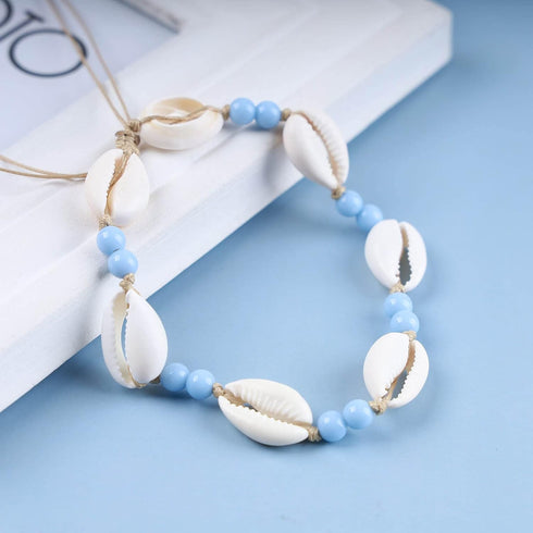 Boho Shell Choker Necklace Vintage Blue Turquoise Scallop Necklace Blue Rice Bead Necklace Adjustable Seashell Chain Necklace Jewelry for Women...