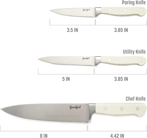 Goodful Premium Cutlery Kitchen Essential Knife Set, High Carbon Stainless Steel Blades Cutlery, Full Tang, Triple Riveted Handles, 3-Piece, Cream...