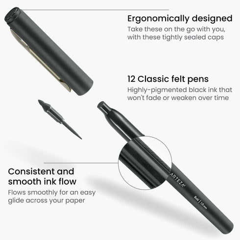 ARTEZA Black Felt Tip Pens, Pack of 12, 1.0–1.5 mm Fiber Tip, Quick-Drying Water-Based Ink, Art Supplies for School, Office, and Home...