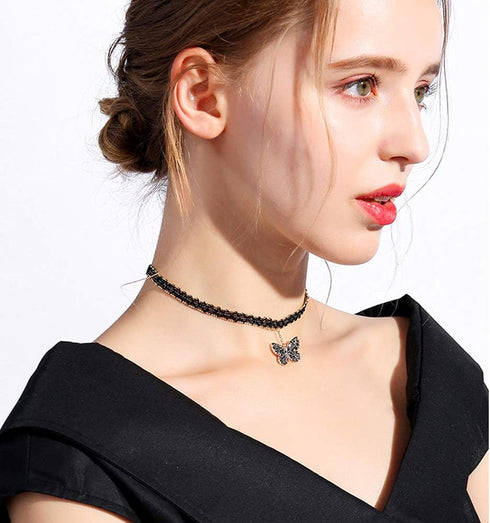 Butterfly Choker Necklace, Stylish Black Collar Choker Necklace Lace Beaded short Necklace with Butterfly pendant nice Giftbox for Women Girls-But...
