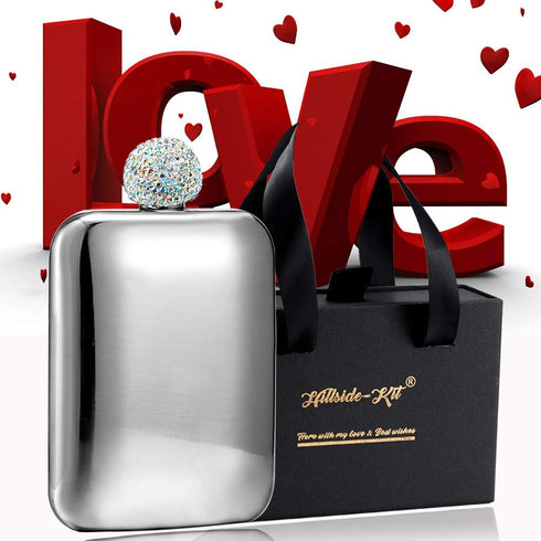 Hillside-Kit Booze Shot Flask- AB Crystal Lid Creative 304 Stainless Steel Wine Alcohol Liquor Flask for Women Girls Men Party Hand size Flask-6OZ...