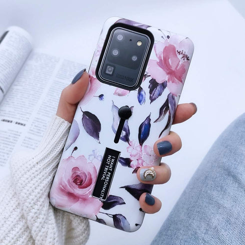 Compatible with Samsung Galaxy S20 Ultra Case Finger Grip,3D Embossed Pink Flowers White Shell Design, Rugged Shockproof Slim Fit Dual Layer Finge...