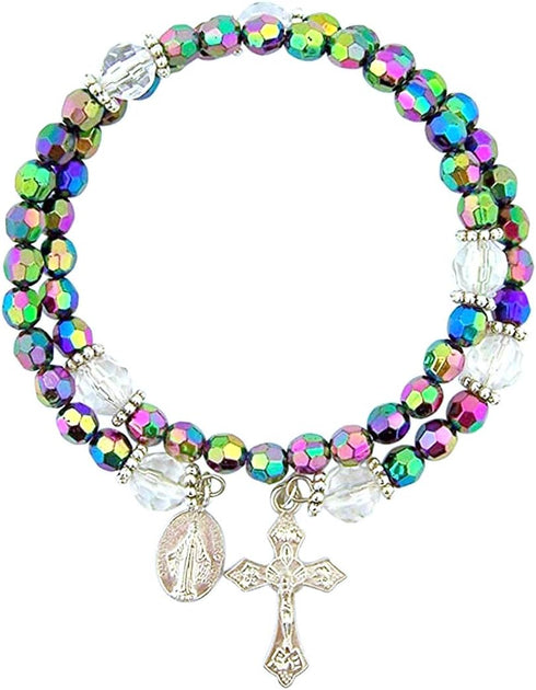 CB Acrylic Prayer Bead Rosary Wrap Bracelet with Miraculous Medal, 8 Inch...