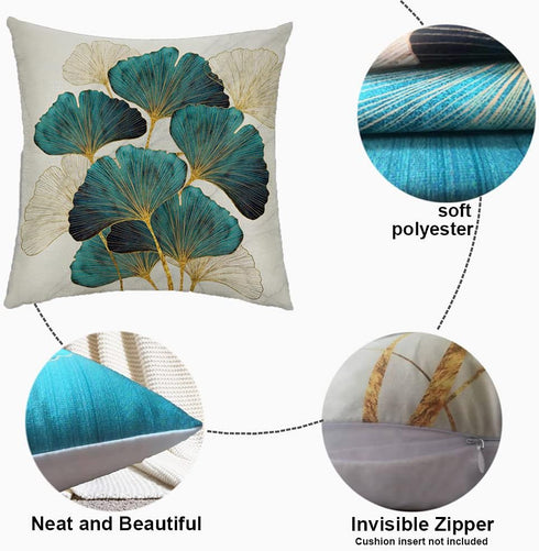 Throw Pillow Cover Green Plant Leaves - 18 x 18 Inch Teal Pillow Cushion Cover - Set of 2 Turquoise Ginkgo Leaf Cushion Case, Great for Sofa, Bedr...