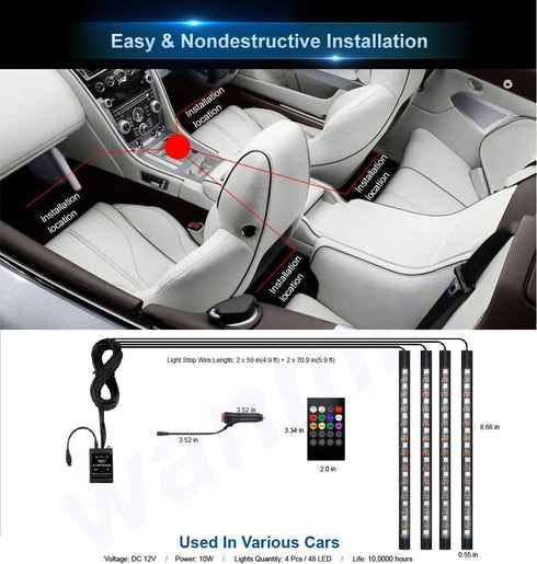 Led Interior Car Lights, Controller Led Lights for Cars, Multicolor Music Underglow Lighting Kits with Wireless Control and Sound Active Function,...