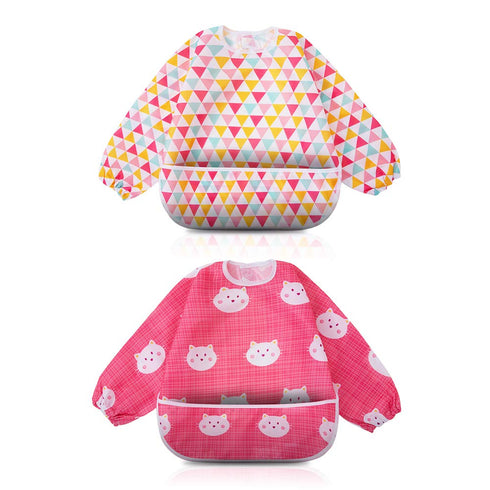 Little Dimsum Full Sleeved Feeding Bib 2 Pack,Baby & Toddler Waterproof Bib Apron,Food Protection Large Pocket Eating Smock 6-36 Months(Pink/Red)...