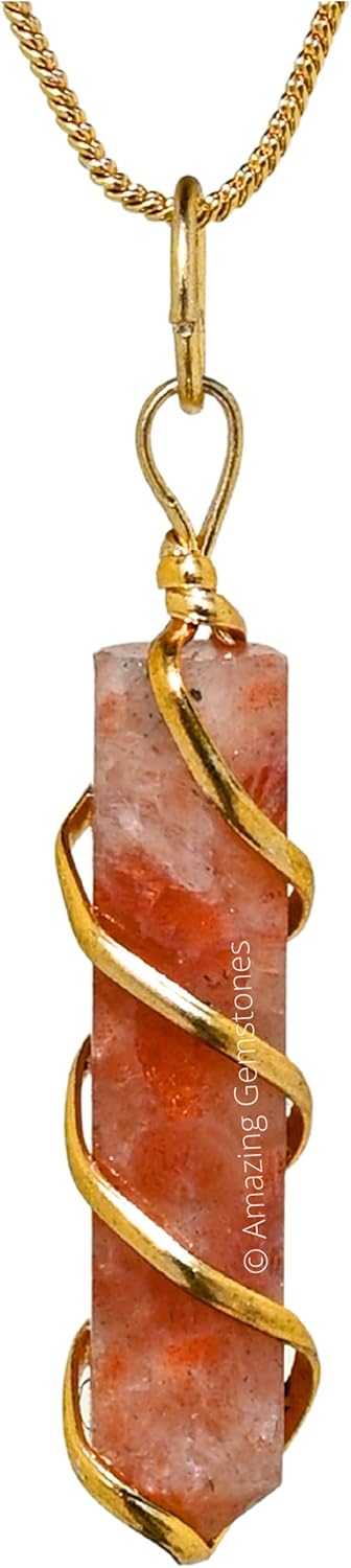 Sunstone Crystal Necklace Pendant For Women, Gold Wire Wrapped Dainty Minimalist Healing Crystal Necklaces For Men Kids Unisex Necklace Jewelry Wi...