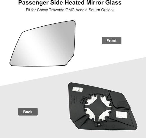 Heated Mirror Glass Replacement with Backing Plate Heated Defrost Glass Fit for Chevy Traverse GMC Acadia Saturn Outlook 2007-2017 Replace 1595192...
