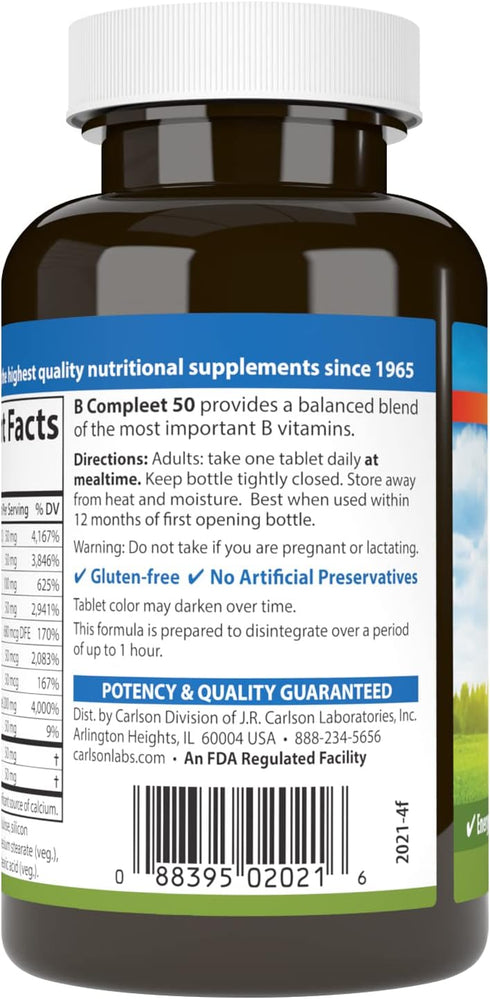 Carlson - B Compleet 50, Balanced Vitamin B Complex, Energy Production, Cellular Support & Optimal Wellness, 100 Tablets...