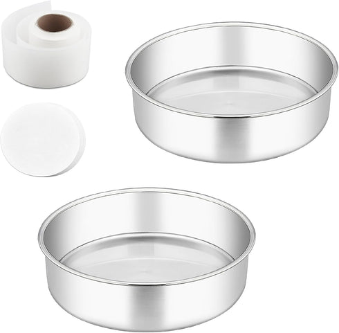 TeamFar 6 Inch Cake Pan, 2 PCS Stainless Steel Round Baking Pan with Parchment Paper & Side Liner Roll, Non-Toxic & Heavy Duty, Non-Stick & Heat-R...