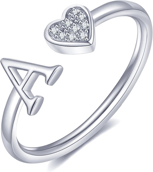 WFYOU Heart Initial Ring for Women Silver Rose Gold Plated Heart Capital Letter Initial Rings Stackable Rings for Women Adjustable Heart Alphabet ...