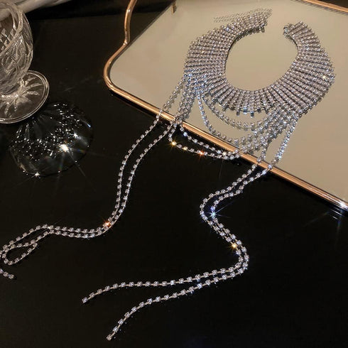 Missgrace Rhinestones Tassels Long Choker Necklaces Dainty Silver Luxurious Necklace Adjustable Rhinestones Pendant Necklaces Dainty Necklaces for...