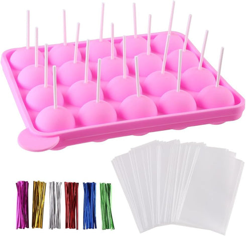 CCINEE 20 Cavity Silicone Cake Pop Mold with 30 pcs of Clear Cellophane Treat Bags 20 pcs Lollipop Sticks and 30 pcs Twist Ties in 6 Colors for Ca...