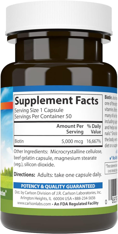 Carlson - Biotin, 5000 mcg, Healthy Hair, Strong Nails & Energy Production, 50 Capsules...