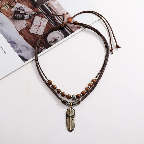 Men Leather Necklace Vintage Style Double Layers Braided Leather Tribal Necklace Boho Hipppie Beaded Artificial Feather Pendant Necklace for Daily...