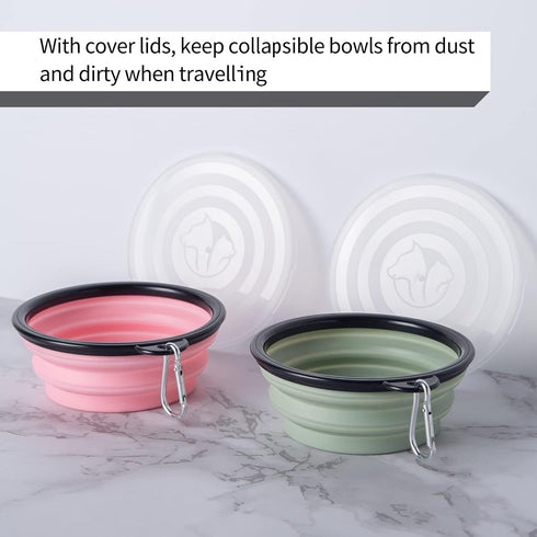 SLSON Collapsible Pet Feeder, 2 Pack Dog Bowls with Cover Lids, Portable Foldable Cat Water Dish Bowl for Pets, Small, Fairy Pink and Sprout Green...