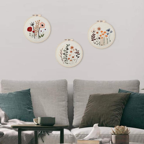 Uphome 3 Pack Embroidery Starter Kit for Beginners Stamped Cross Stitch Kits with Cute Flowers and Plants Patterns with 1 Embroidery Hoop and Colo...