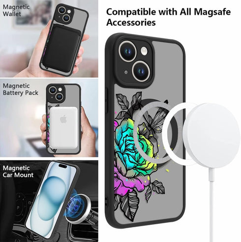 OOK Case for iPhone 15 Compatible with Magsafe Colorful Flower & Black Butterfly Design Drop-Resistant Skin-Friendly Cover Anti-Slip Full-Body Pro...