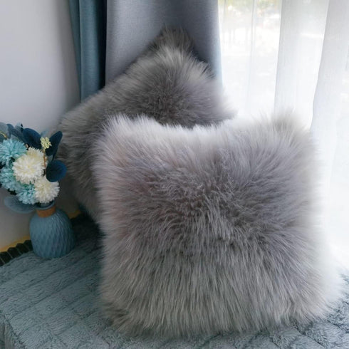 A Fluffy Throw Pillow Cover Covered by Gray Long Hair for Couch Sofa Bed Decoration in Bedroom or Livingroom,18 X 18 inch?Gray...