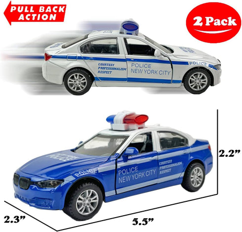 2 Pack Metal Diecast NY Police Cars Pull Back Battery Powered with LED Headlights and Siren Sounds 1:32 Scale...