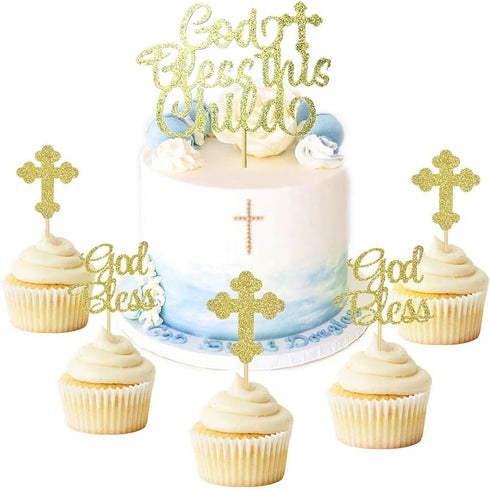 JeVenis 25 PCS Glittery Gold Bless this Child Cross & Cake Toppers - Baptism Cupcake Decorations...