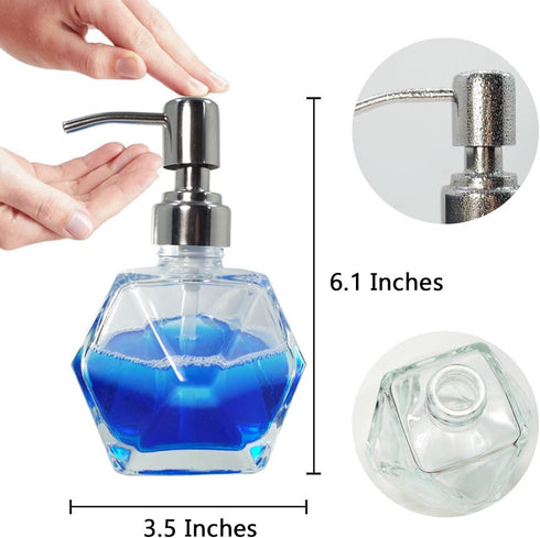Modern Geometric Shape Clear Glass Soap Dispenser, Lotion Dispenser Bottle with Rust Proof Stainless Steel Pump for Kitchen, Bathroom Accessory, C...