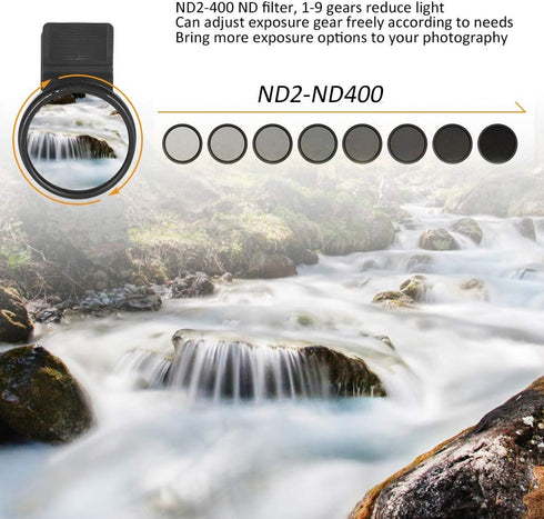 Neutral Density Lens Filter, 37MM ND2-400 Cellphone Camera Lens Filter Kit, Photography Camera Lens Filter with Adjustable Clip, Phone ND Filter f...