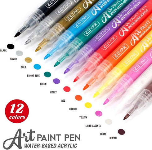 ZEYAR Acrylic Paint Pens, Extra Fine Point, AP Certified, 12 Colors, Water Based, Permanent & Waterproof Ink, Works on Rock, Wood, Glass, Metal, C...