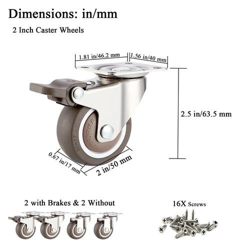 Small Caster Wheels 2 Inch Low Profile Swivel Casters with 2 Brakes, Steel Top Plate, No Noise Ball Bearing Rubber Rolling Mini Wheels for Furnitu...