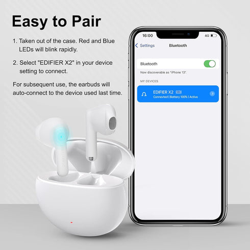 Edifier X2 Bluetooth Wireless Headphones Earbuds with Microphone, Lightweight Stereo in Ear Earphones 28H Playtime with Charging Case, White...