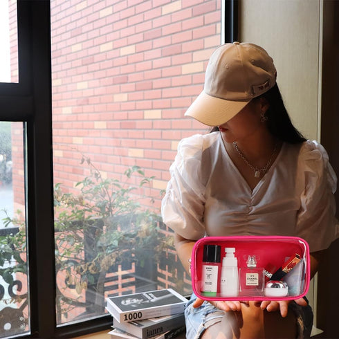 Medium Preppy Transparent Makeup Pouch Women Travel Clear TPU and Nylon Cosmetic Pouch (Medium, HotPink)...