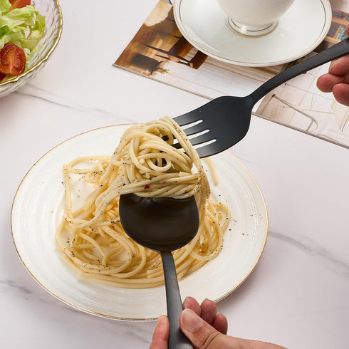 Matte Black Serving Set, 4-Piece Stainless Steel Large Hostess Set Include Slotted Spoon Serving Spoon Serving Fork and Cake Server, Ideal for Buf...