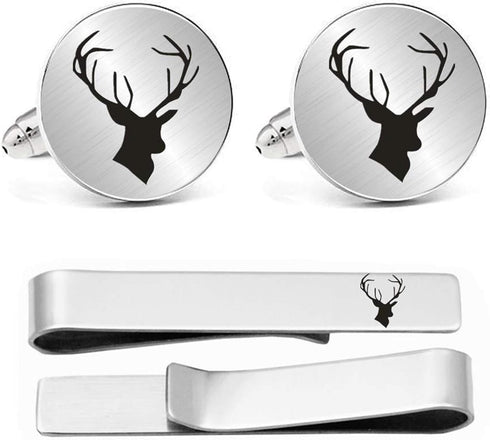 Birthday Gifts For Husband, Stainless Steel Engraved Deer Head Cufflinks Buck Stag Cuff Links Tie Bar Set Men's Jewelry Gifts For Husband Father D...