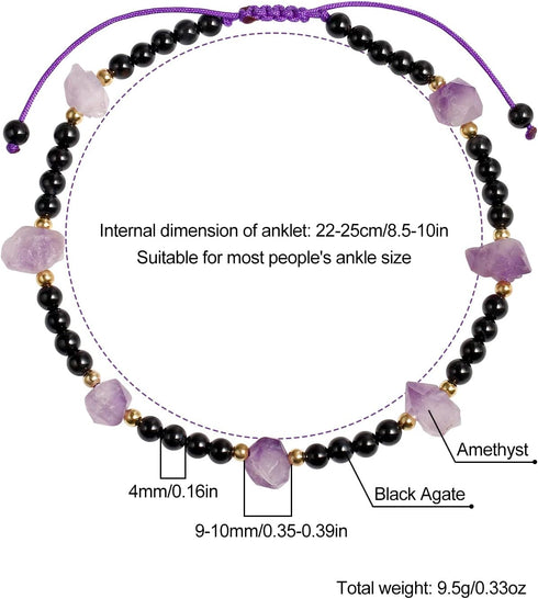 Natural Raw Amethyst with Black Agate Beads Ankle Bracelets for Women Healing Crystals Anklet Adjustable Handmade Jewelry...