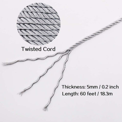 5mm Twisted Cord Trim, 59 Feet Silver Decorative Rope for Curtain Tieback, Upholstery, Honor Cord, Home Decor...