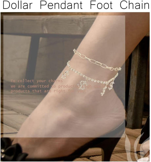 Urieo Gold Rhinestone Anklet Chain Dollar Pendant Foot Chain Double Layered Anklets Bracelets Summer Beach Jewelry for Women Pack of 2...