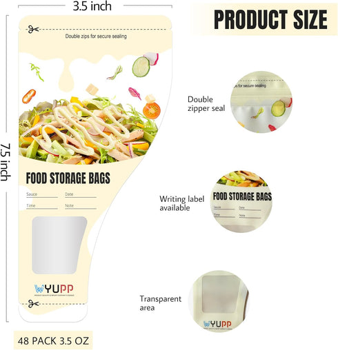 48 Pack Salad Dressing Container to Go, 3.5oz Small Disposable Food Storage Bag, Yogurt Applesauce Pouch, Snack Sauce Condiment Container, Nut Fru...
