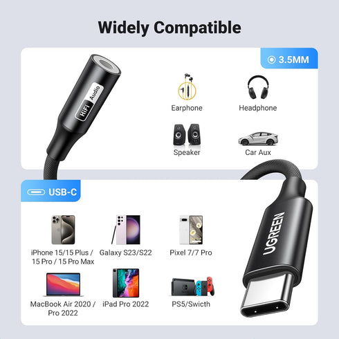 UGREEN USB C to 3.5mm Audio Adapter, Hi-Res 32bit/384KHz USB C to Aux Dongle HiFi Headphone Jack Cable Cord Compatible with iPhone 15 Pro Max Plus...