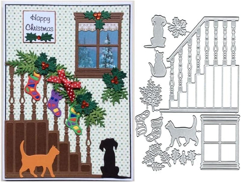 Window Stairs Dog Cat Metal Die Cuts, Window Stairs Dog Cat Cutting Dies Cut Stencils DIY Scrapbooking Cards Decorative Embossing Paper Dies for A...