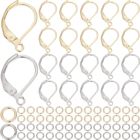 1 Box 80Pcs Gold Leverback Earring Hooks Stainless Steel Earring Findings Bulk Silver with 100Pcs Jump Rings French Real 24K Gold Plated Huggie Ea...